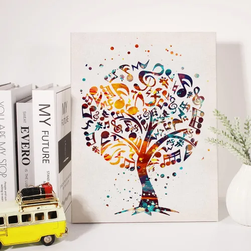 Vista 3 de Lienzo con diseño de árbol musical en acuarela, arte para pared, diseño de claves agudas, pintura para sala de música, decoración de pared