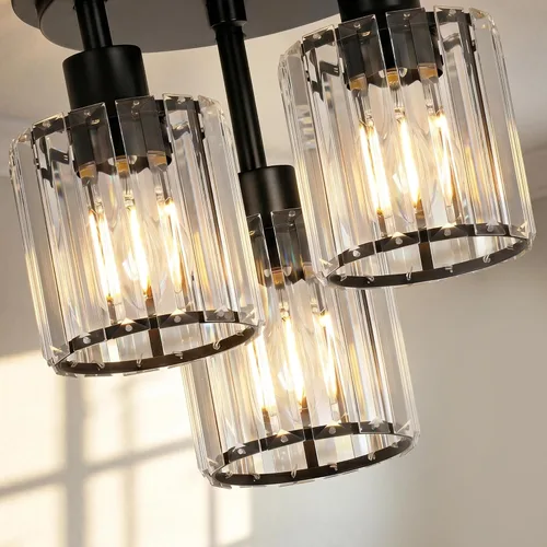 Vista 3 de ROTTOGOON Lámpara de techo semiempotrada de cristal, 3 lámparas modernas cerca del techo, lámpara de cocina negra con pantalla de cristal, lámpara