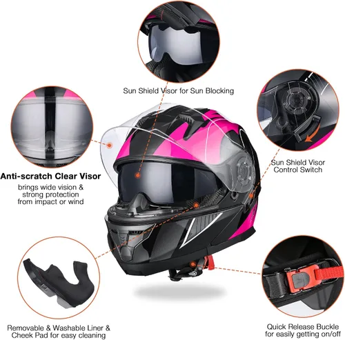 Vista 6 de AHR Casco de motocicleta de doble visera, modular abatible, casco de cara completa, aprobado por DOT, casco AHR Run-M1 y M3 para adultos, motos