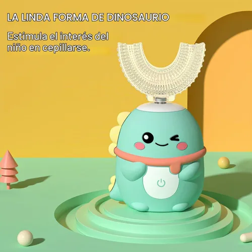 Vista 2 de Cepillo de dientes eléctrico para niños en forma de U, cepillo sónico automático para niños pequeños con 5 cabezales de cepillo, cepillos Dinosaurio