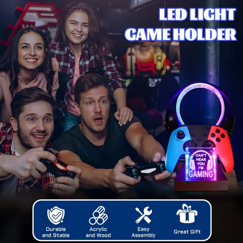 Vista 5 de YuanDian Gamer Gifts for Teenage Boy, Can't Hear You I'm Gaming Headset and Controller Stand, Acrylic Wooden Controller Holder with Blue Pink LED