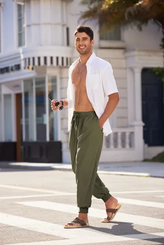 Vista 4 de COOFANDY Pantalones de harén hippie para hombre, holgados, de lino, bohemio, para yoga, casual, con entrepierna caída, pantalones