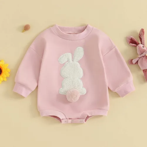 Vista 2 de FOCUSNORM Ropa de Pascua para bebé recién nacida, con bordado de conejo, sudadera con burbujas, traje de bebé niña