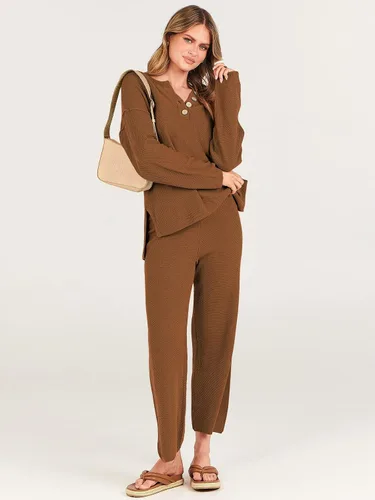 Vista 3 de ANRABESS Conjunto de 2 piezas para mujer, conjunto de suéter holgado holgado de punto de gran tamaño, conjunto de ropa de descanso a juego de moda