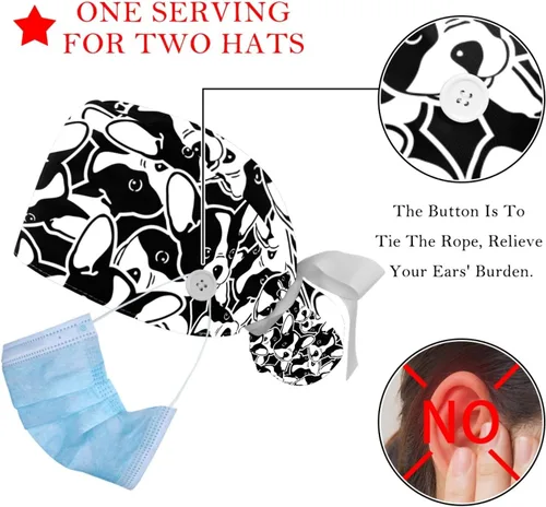 Vista 3 de FFLOWER 2 gorras de trabajo para mujer con botón, lindo bulldog francés largo, con cinta, con cordones, Negro