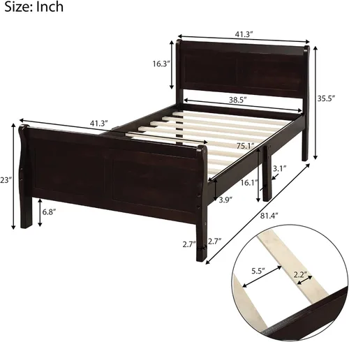Vista 2 de Cama de plataforma individual, marco de cama de madera rústica de aspecto simple con cabecero y estribo para muebles de dormitorio o habitación