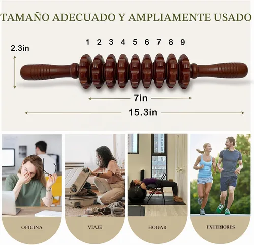 Vista 2 de Varilla de masaje de terapia de madera, rodillo de celulitis de madera para alivio de puntos gatillo miofasciales, masajeador de drenaje linfático