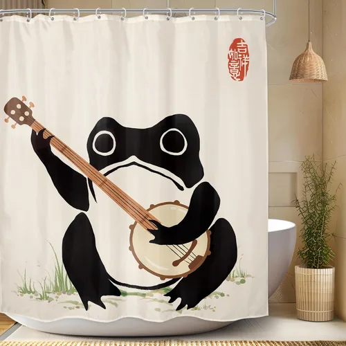 Vista 13 de Juego Divertido de Cortina de Rana Retro para Ducha, Juego de Baño 48x71 Pulgadas, Estilo Asiático Lindo, Arte Japonés Tradicional de Pato de Goma