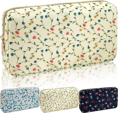 Vista 51 de Iqimott Bolsa Grande de Maquillaje de Nylon, Neceser de Viaje, Bolsa Grande de Cosméticos Preppy, Organizador de Maquillaje de Nylon, Bolsa de Beige