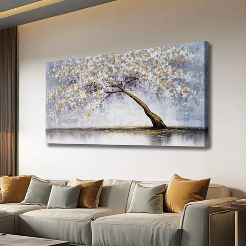 Vista 11 de Belmrxne Arte de pared de árbol de la vida, decoración de pared pequeña dorada, paisaje, lienzo, obra de arte divertida para entrada, pasillo, baño