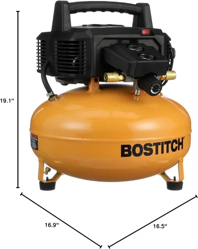Vista 9 de BOSTITCH - Kit de compresor de aire, sin aceite, 6 galones, 150 PSI, compresor de aire silencioso y ligero para panqueques (BTFP02012-WPK)