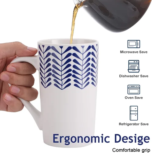 Vista 3 de YouPeng Juego de tazas de café grandes, tazas de cerámica con asa grande, taza de café alta para hombres o mujeres con patrón pintado a mano azul