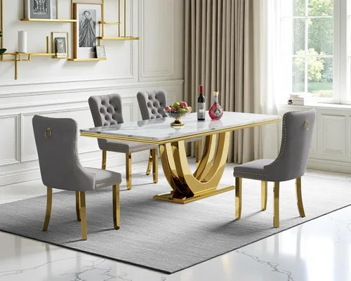 Vista 21 de SSLine Juego de mesa de comedor de mármol sintético blanco de 68 pulgadas