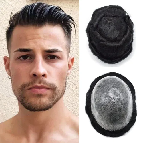 Vista 395 de Toupee para hombre 100% cabello humano real tupé para hombres 0.004 in piel de poliuretano para hombre, sistema de reemplazo de piezas de pelo