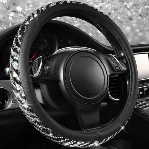 Vista 25 de CAR PASS Funda para volante de cuero beige con diamantes brillantes, cristales blancos brillantes con purpurina y pedrería, ajuste universal de 14