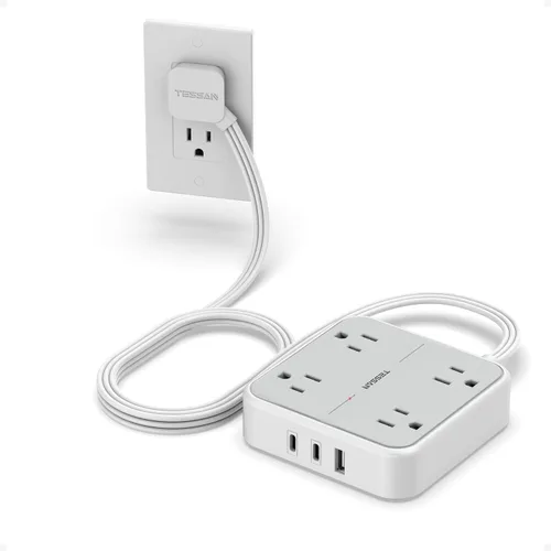 Vista 20 de TESSAN Cable de extensión plano protector de sobretensiones de 1 pie, regleta de enchufe con anillo con 4 tomas, 3 puertos USB (1 USB C), protección