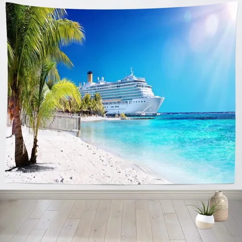 Vista 7 de Loccor Tapiz de crucero con diseño de palmera del mar caribeño, coral, playa, tapiz para colgar en la pared, isla tropical, sol, verano, vacaciones