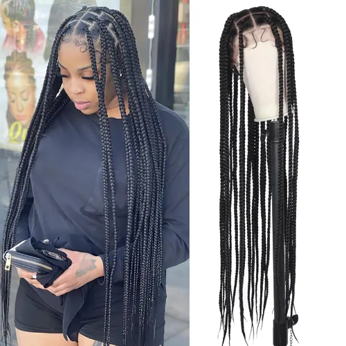 Vista 11 de Alebery Pelucas Trenzadas de Caja Bohemias Sin Nudos de Encaje Frontal HD 13X8 para Mujeres Negras Pelucas de Trenzas de Caja Bohemias con Rizos
