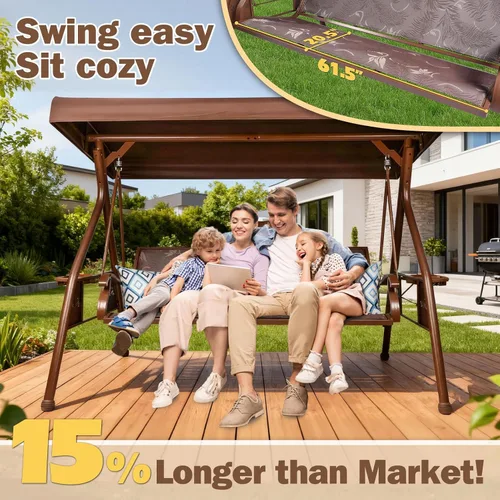 Vista 2 de ZZW Columpio de Patio para 3 Personas Columpio Exterior para Adultos con Toldo Ajustable y Portavasos Mejorados Tela Textilene Silla Columpio