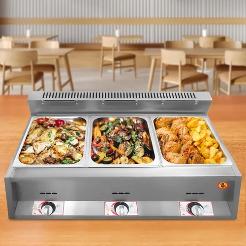 Vista 2 de Calentador de alimentos a gas, freidora comercial de 3 sartenes, propano GLP de acero inoxidable a gas Bain Marie Buffet vaporizador de encimera