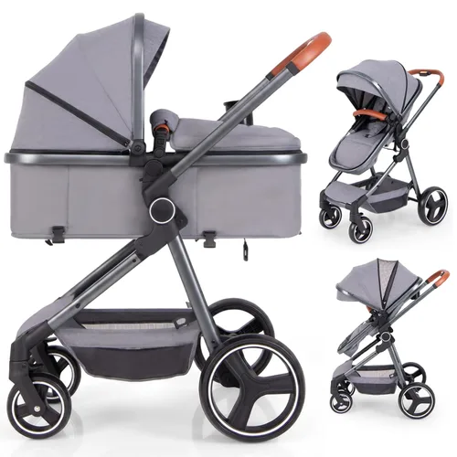 Vista 9 de INFANS Cochecito de bebé 2 en 1, plegable de alta absorción de impactos con asiento reversible, cuna convertible para recién nacido, estructura