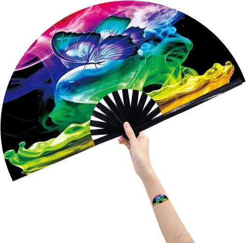 Vista 12 de Abanico grande plegable de mano para baile de línea, abanico de clic para botas en el suelo, para baile, fiesta, decoración, festival (Alien)