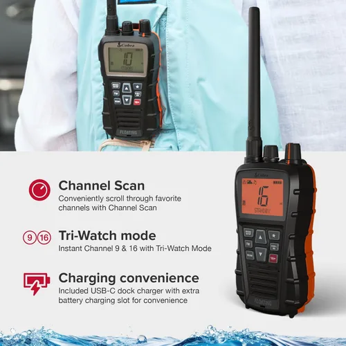 Vista 4 de Cobra BlueBound 350 VHF - Radio marina portátil, color negro, 6 vatios
