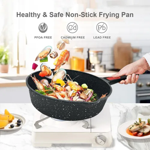 Vista 2 de AIKENBBKK Sartén de 10 pulgadas de profundidad con tapa, sartén Negro