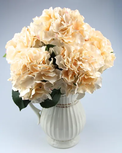 Vista 4 de Flores artificiales de seda de hortensias de champán, 5 cabezas grandes, ramo para decoración del hogar