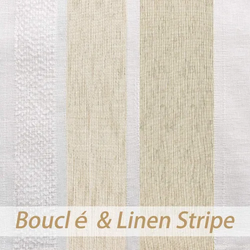 Vista 2 de Central Park Cortina Valance para Ventana de Cocina de Rayas Verticales Transparente Boucle de Lino Beige y Blanco, Paneles Rústicos Decorativos