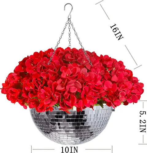 Vista 2 de Flores de hortensias artificiales con maceta de bola de discoteca, plantas colgantes artificiales con cesta de 10 pulgadas para exteriores