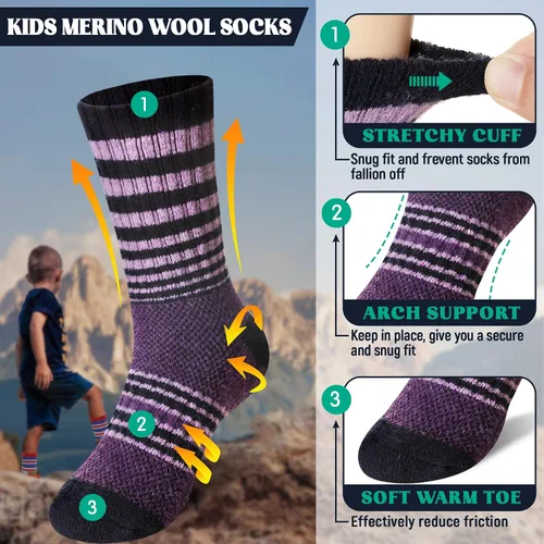 Vista 4 de DoSmart Calcetines de senderismo de lana merino para niños y niñas, térmicos, cálidos, gruesos, acogedores, acolchados, 6 pares