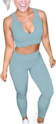 Vista 6 de QINSEN Conjuntos de entrenamiento para mujer, 2 piezas, acanalados, sin costuras, sin mangas, cintura alta, leggings de yoga