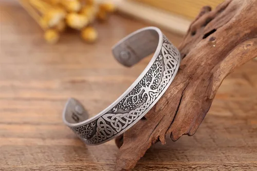 Vista 4 de Yggdrasil - Pulsera de acero inoxidable con diseño del árbol de la vida del mundo para el cuidado de la salud, para hombre (plata antigua), Zinc,