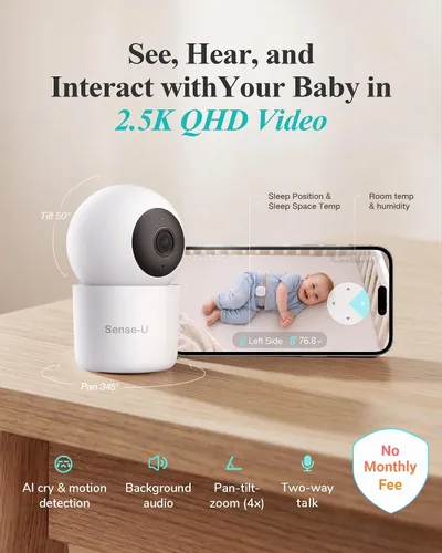 Vista 4 de Sense-U Smart Baby Monitor Pro de largo alcance + cámara PTZ de 2.5K, sin