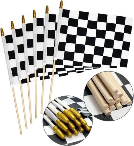 Vista 8 de 2 banderas a cuadros de 8 x 12 pulgadas, banderas de carreras en blanco y negro en palo, bandera de mano de Fórmula Uno F1 Racing con parte superior