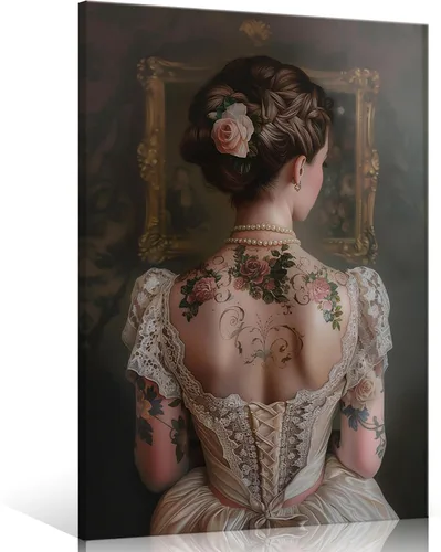 Vista 14 de Pintura retro de chica con estilo vintage en lienzo con estampado de rosas, póster estético antiguo, chica victoriana de estilo moody, arte de pared