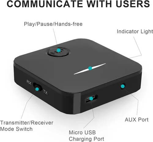 Vista 9 de Transmisor y receptor Bluetooth 5.4, adaptador de audio inalámbrico 2 en 1 con micrófono integrado para automóvil, TV, estéreo doméstico, barra
