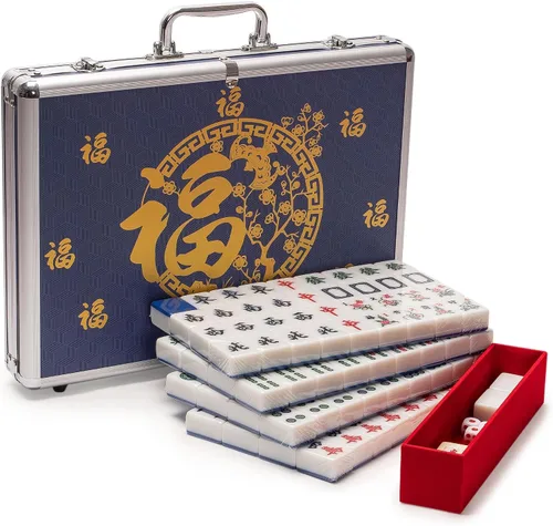 Vista 5 de Yellow Mountain Imports Juego de mahjong chino, "Azure Fortune" con 146 azulejos grandes, caja de aluminio, indicador de viento y dados, sin números