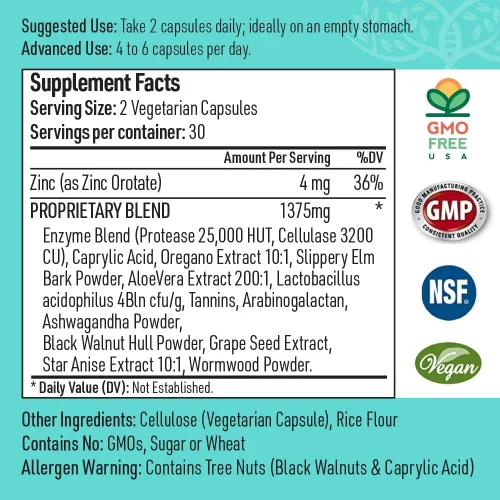 Vista 3 de Candida Complex Digestive Enzymes Suplemento de limpieza probiótica Aceite de orégano, ajenjo, cáscaras de nogal negro, olmo resbaladizo
