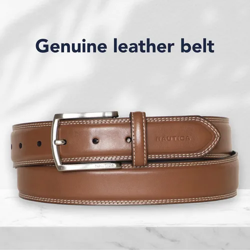 Vista 3 de Nautica Mens Logo Inlay Ornament Double Stitch Leather Belt