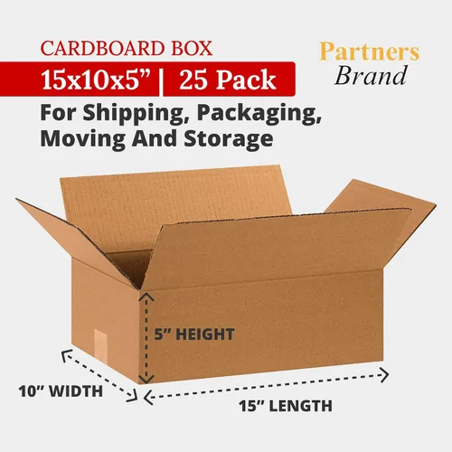 Vista 2 de PARTNERS BRAND Cajas de cartón corrugado de 15 x 10 x 5, planas de 15 pulgadas de largo x 10 pulgadas de ancho x 5 pulgadas de alto, paquete de 25
