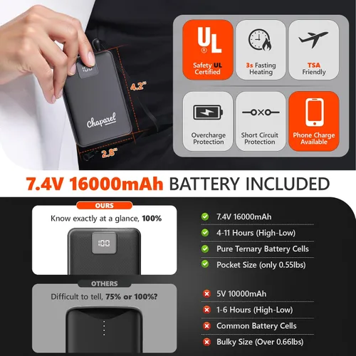 Vista 3 de Chaleco térmico para hombre con batería incluida, chaleco de calefacción eléctrico recargable de 7.4 V, temperatura inteligente. Control
