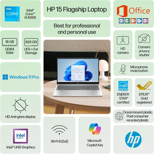 Vista 3 de Portátil HP 2025 Flagship Business Ultra Slim, Office de por vida, alimentado por IA, HD de 15.6", Intel i3 de 8 núcleos, 16 GB de RAM, 628 GB