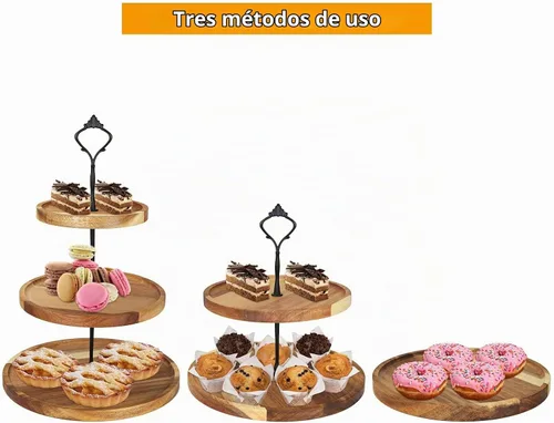 Vista 6 de Soporte de madera para cupcakes de 3 niveles, bandeja escalonada para servir cupcakes, torre, bandeja de postre de madera para granja, boda