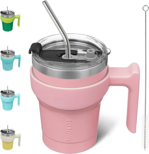 Vista 78 de BJPKPK Mini vaso de 10 onzas con tapa, popote y asa, taza de acero aislada