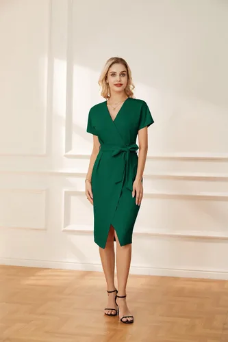 Vista 8 de GRACE KARIN Vestido de negocios de manga corta con cuello en V para mujer, con lazo en la cintura, vestido de cóctel con abertura, vestido midi