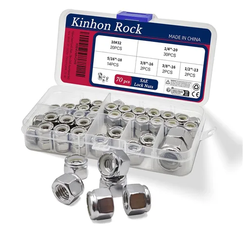 Vista 12 de Tuercas de bloqueo de nailon de 1/2 "-13, 20 tuercas de seguridad de nailon SAE 304 de acero inoxidable, tuercas de bloqueo hexagonales