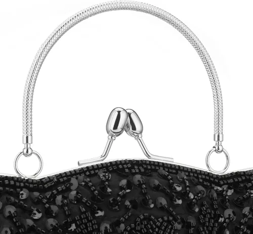 Vista 6 de Vistatroy Bolso de noche de diseñador floral con cuentas con diseño de lentejuelas vintage con cerradura de besos bolso de mano de satén para boda