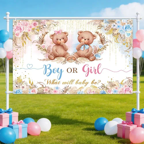 Vista 7 de AIBIIN Pancarta de revelación de género de oso bohemio, telón de fondo para niño o niña, para baby shower, suministros de decoración de fiesta